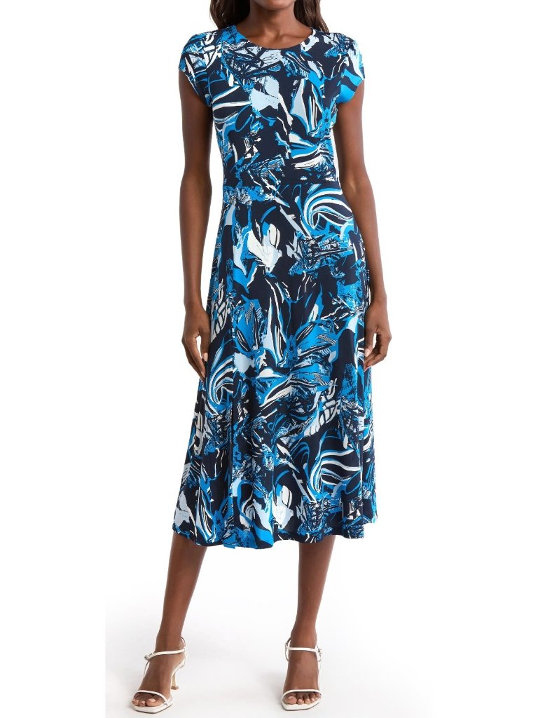 $398 Hugo Boss Eletas Women's Short Sleeve Midi Dress Blue Multi Size Xs